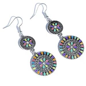💎New Vintage Design Bohemian Double Sunflower Round Colorful Enamel Earrings